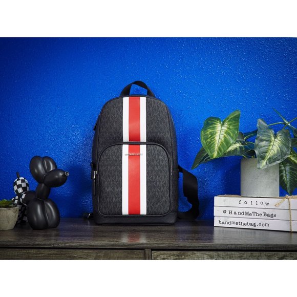 NWT Michael Kors Men's Cooper Med Backpack Black Signature Red Stripe Sling Pack - Picture 7 of 10
